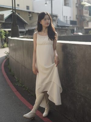 縮褶細肩長洋裝