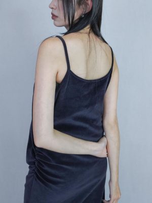 側邊縮摺絨布洋裝 深藍