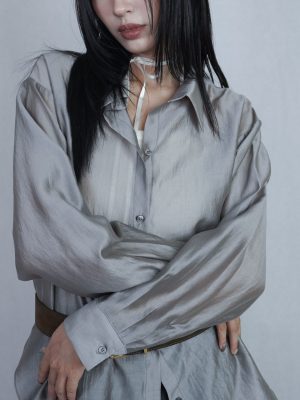 緞面長版襯衫 灰