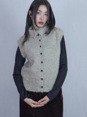 高領毛絨背心外套 杏
