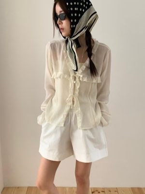 開襟綁帶法式浪漫透上衣