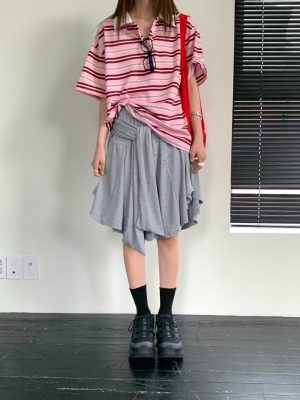 跳色橫條有領寬T 粉