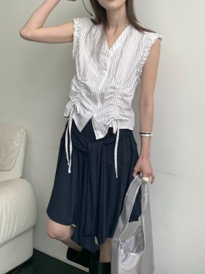 不規則裙擺綁帶裙 深藍